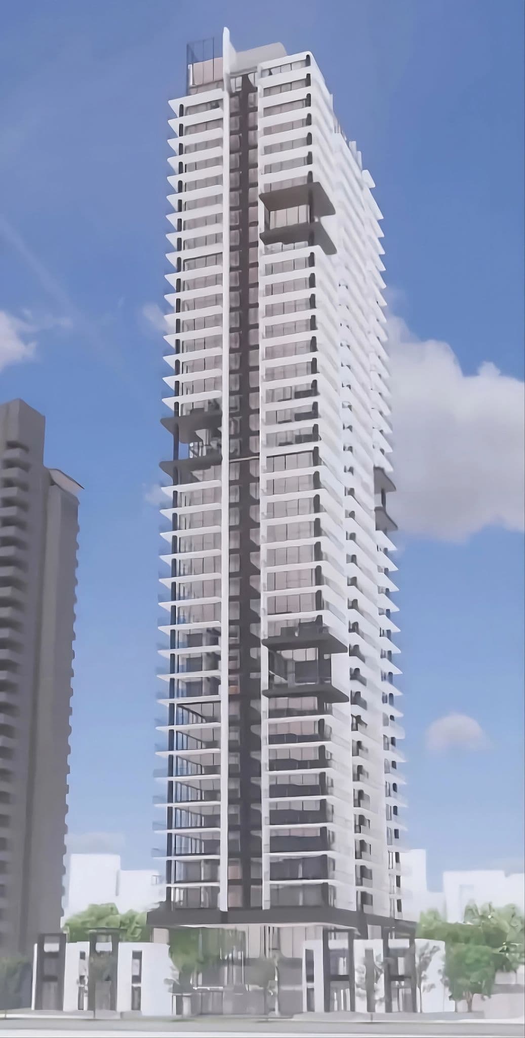 6444 Silver Avenue – A tall modern residential skyscraper featuring crisp white horizontal balcony slabs and dark charcoal accents stands prominently against a bright blue sky with light clouds. The architectural design showcases glass railings, stacked multi-story cutouts, and a dark podium base surrounded by lush green trees.
