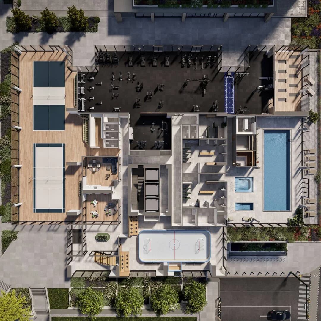 Inlet District – Overhead cutaway rendering of a rooftop amenity deck showing a fitness gym, indoor sports courts, a hot tub, an outdoor pool, and a hockey/sport court.