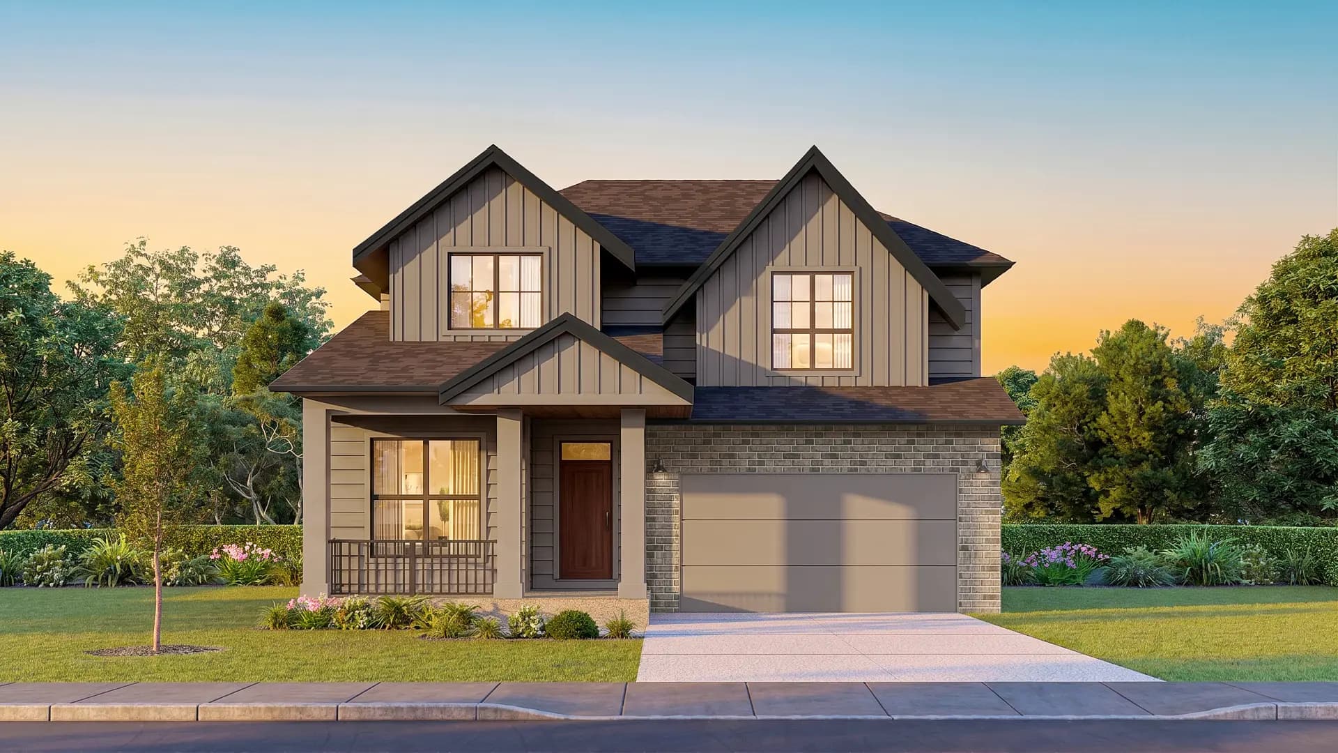 Ridgemont – Dusk rendering of a two-story house with tan board-and-batten siding, stone accents, a wood front door and attached garage, lit from within.