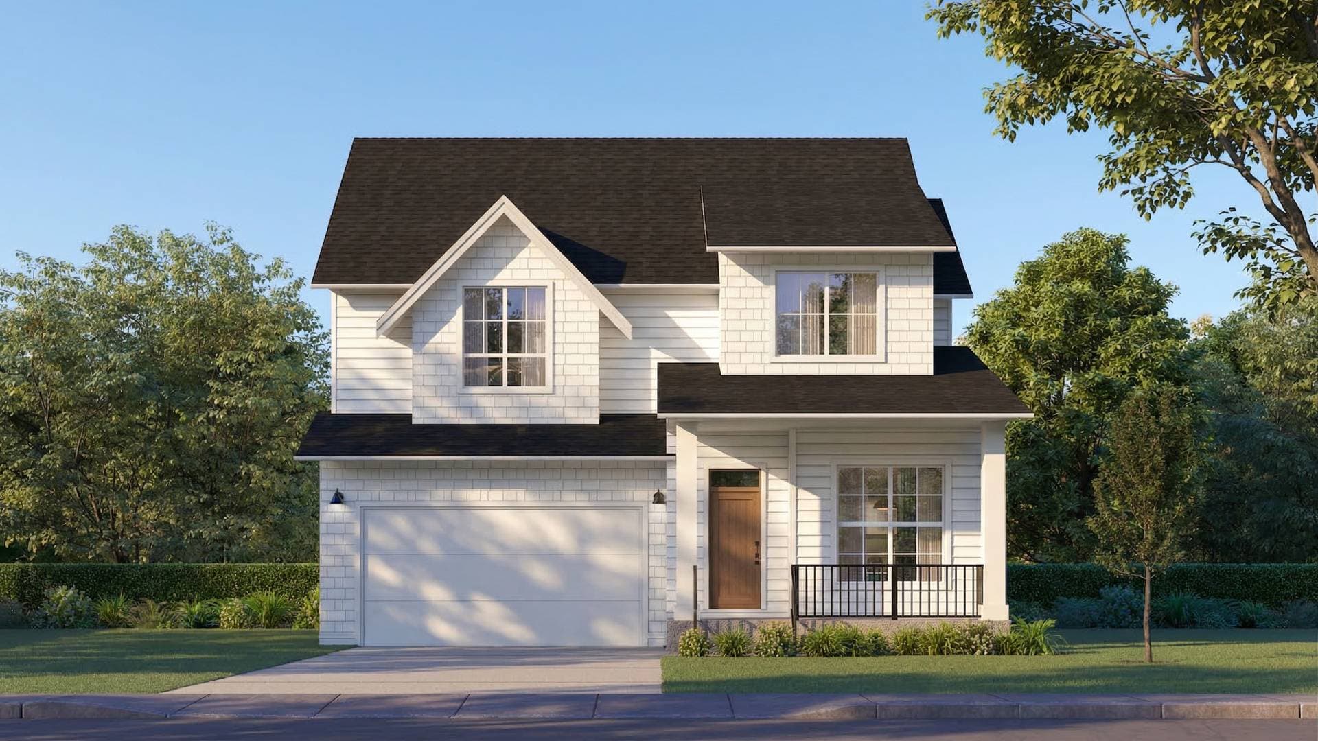 Ridgemont – Daytime rendering of a two-story white shingle-style house with a covered front porch, attached garage and landscaped front yard.