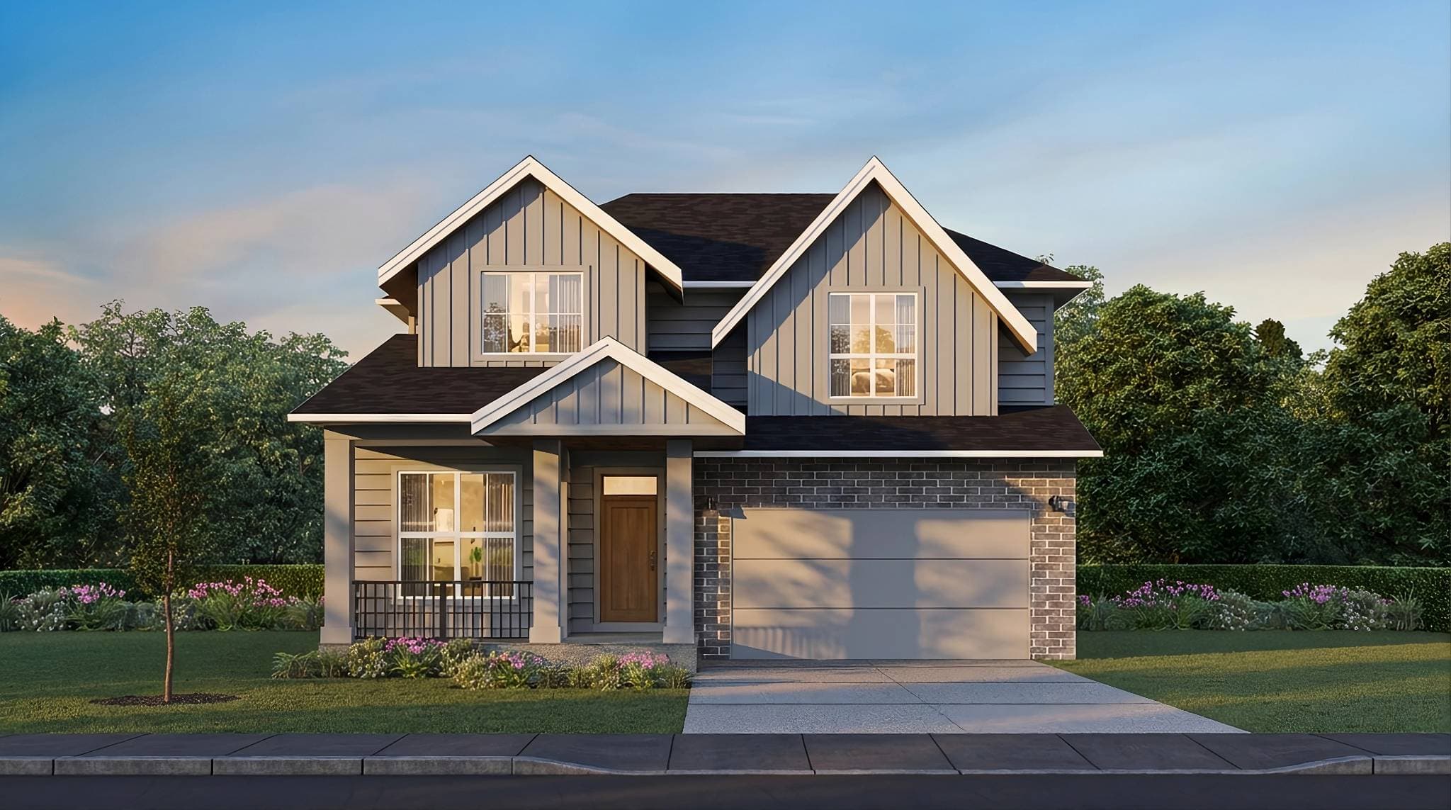 Ridgemont – Dusk rendering of a two-story house with gray board-and-batten siding, brick accents, twin front gables and an attached garage.