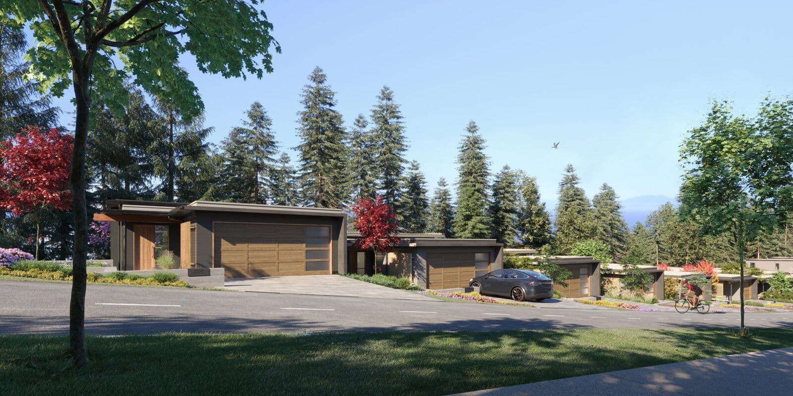 Wildwood at Uplands – Street-level rendering of a modern home with a wood garage door, a car parked in the driveway, a cyclist passing on the road, and tall pine trees behind.