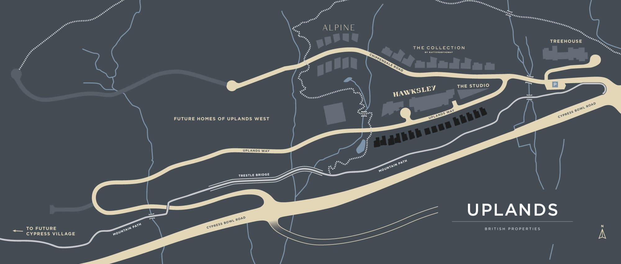 Wildwood at Uplands – Masterplan site map labeled "Uplands, British Properties" showing the layout of Alpine, Treehouse, Hawksley, The Studio, and The Collection home clusters along roads and paths.