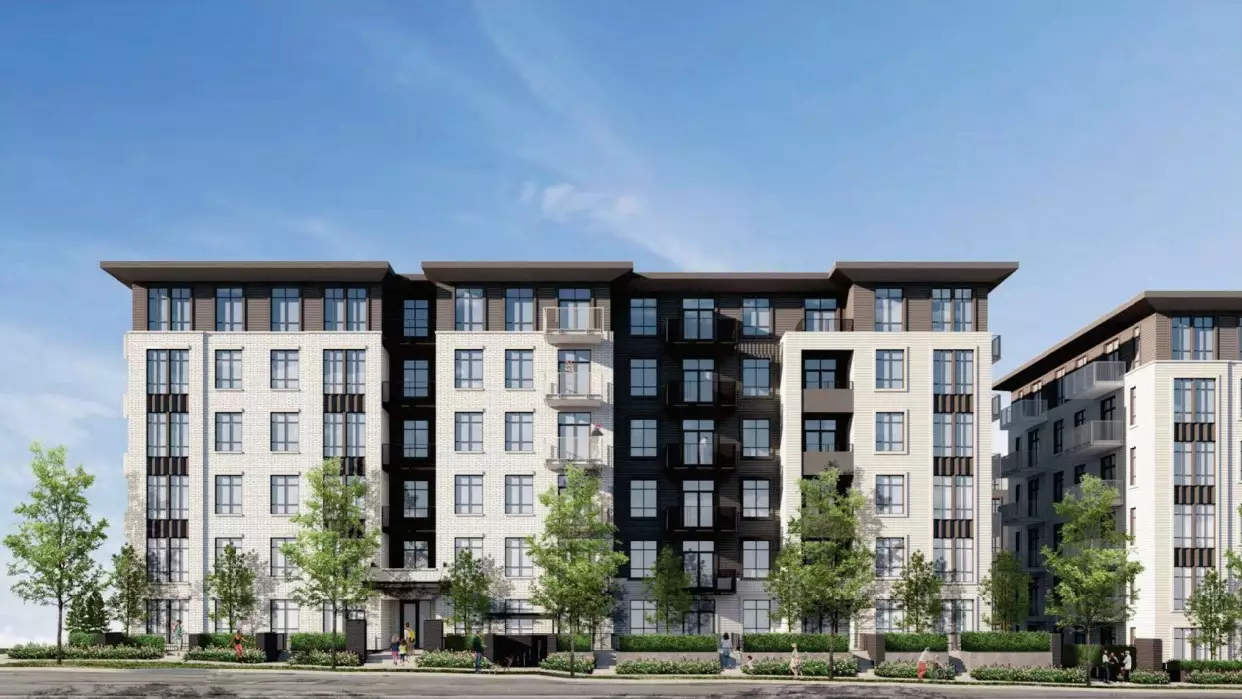 Grayson – A ground-level architectural rendering shows a six-story residential building with a contrasting facade of off-white brick and dark charcoal siding under a clear blue sky. Young trees and landscaped hedges line the sidewalk in front of the building, where several pedestrians and families are illustrated walking.