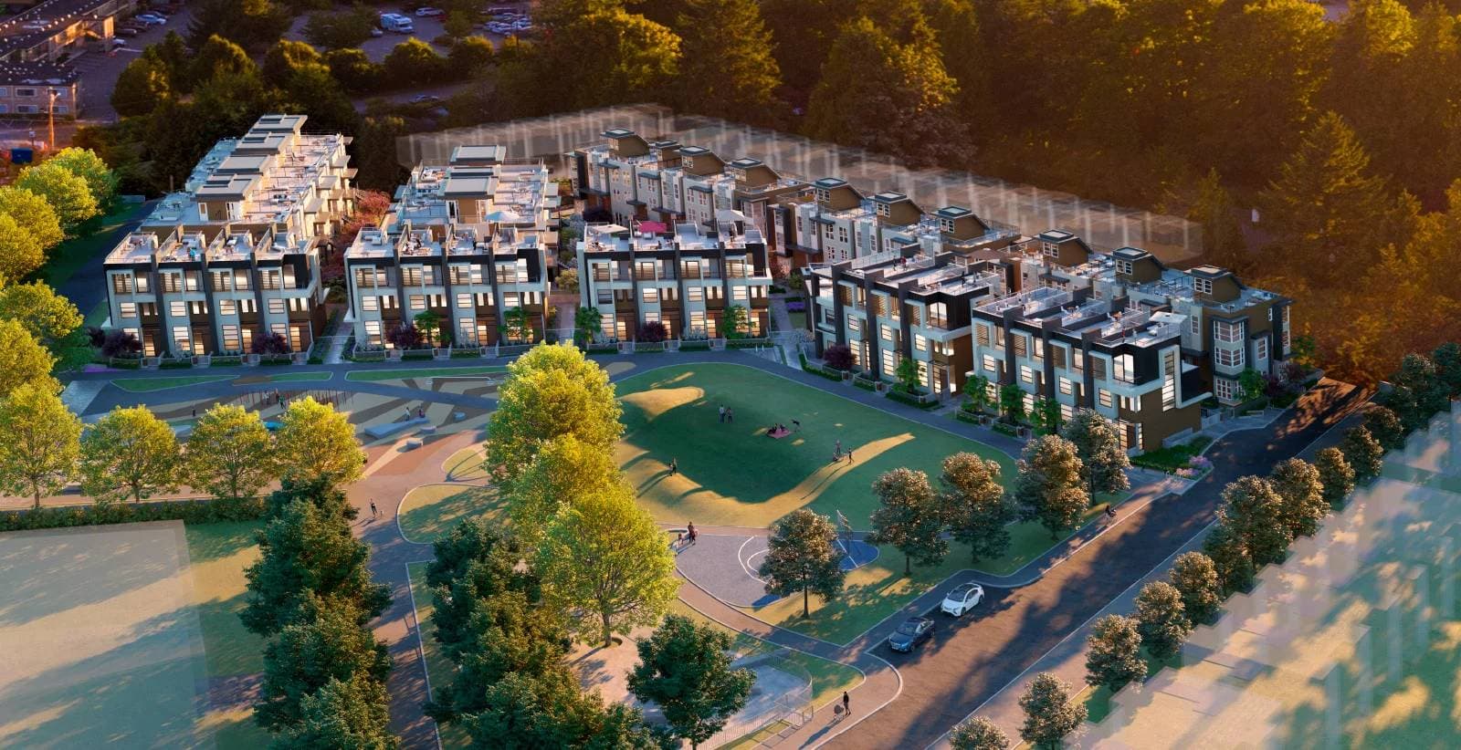 Belle Isle North – An elevated rendering showcases a modern townhouse complex nestled against a lush green park with sports courts, walking paths, and mature trees. Warm golden sunset light illuminates the multi-story residences, rooftop patios, and surrounding suburban neighbourhood.