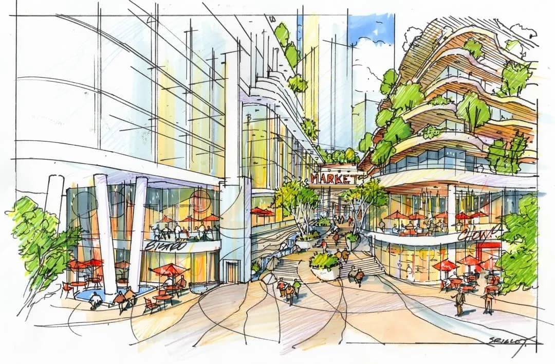 Columbia Square Redevelopment – An architectural color sketch illustrating a lively ground-level pedestrian plaza flanked by modern glass buildings with outdoor patio seating and lush greenery. The artistic concept drawing features stepped terraces, planters with trees, umbrella-covered tables, and signage for a bistro and market under bright daylight.