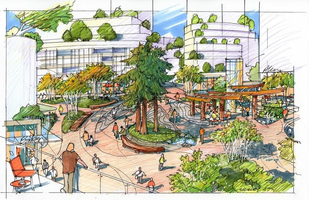 Columbia Square Redevelopment – A colorful concept sketch illustrating a high-angle view of a bustling pedestrian plaza surrounded by modern mid-rise buildings with rooftop gardens. The ground level features winding pathways, tall evergreen and deciduous trees, seating areas under a wooden pergola, and small groups of pedestrians walking around.