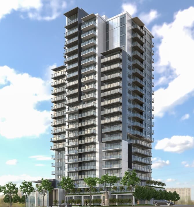 Metro21 – A modern high-rise residential tower featuring dark gray accents, glass railing balconies, and large windows set against a bright, partly cloudy daytime sky. Green trees line the street-level podium, where parked cars and a podium rooftop terrace are also visible.
