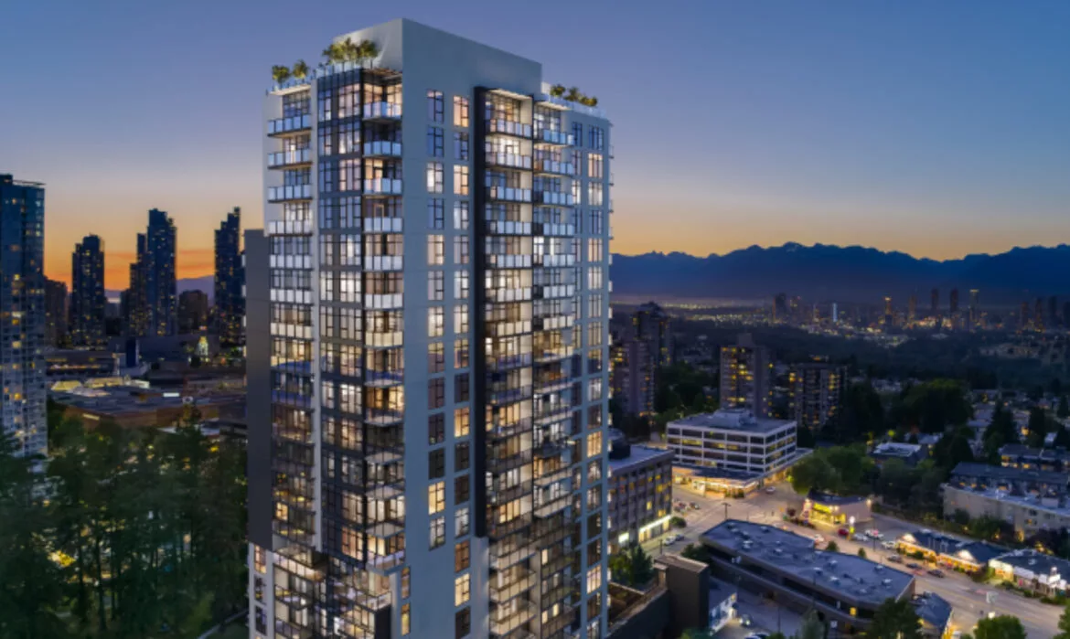 Metro21 – An elevated twilight shot shows a modern high-rise residential tower with illuminated windows and glass balconies against a dusk sky. In the background, a sprawling city lights up beneath a vibrant orange sunset and a silhouette of mountain ranges.