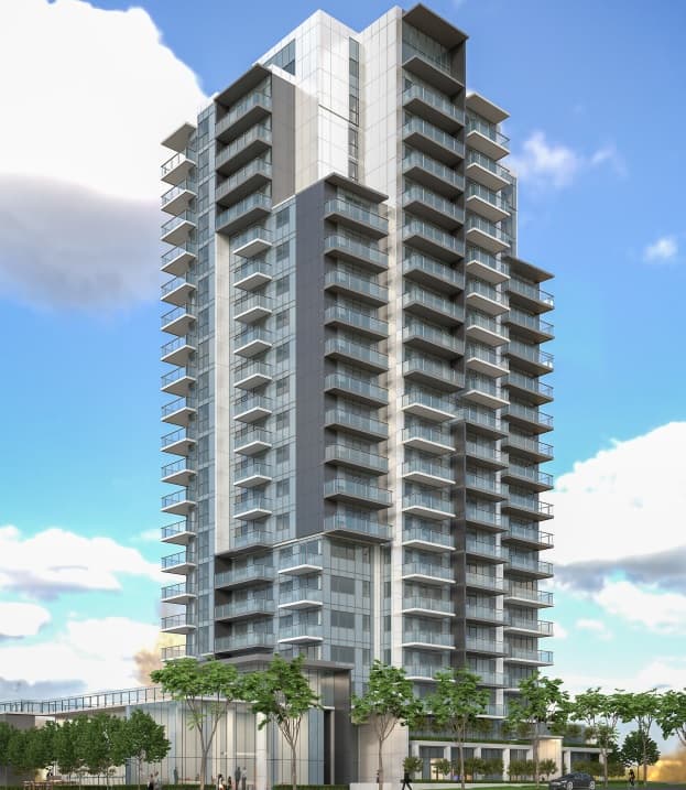 Metro21 – A rendering of a high-rise residential tower featuring a modern facade with white, charcoal gray, and glass cladding, along with stacked balconies spanning the structure. Street-level landscaping includes young trees, a paved sidewalk with pedestrians, and large glass storefront windows under a partly cloudy blue sky.