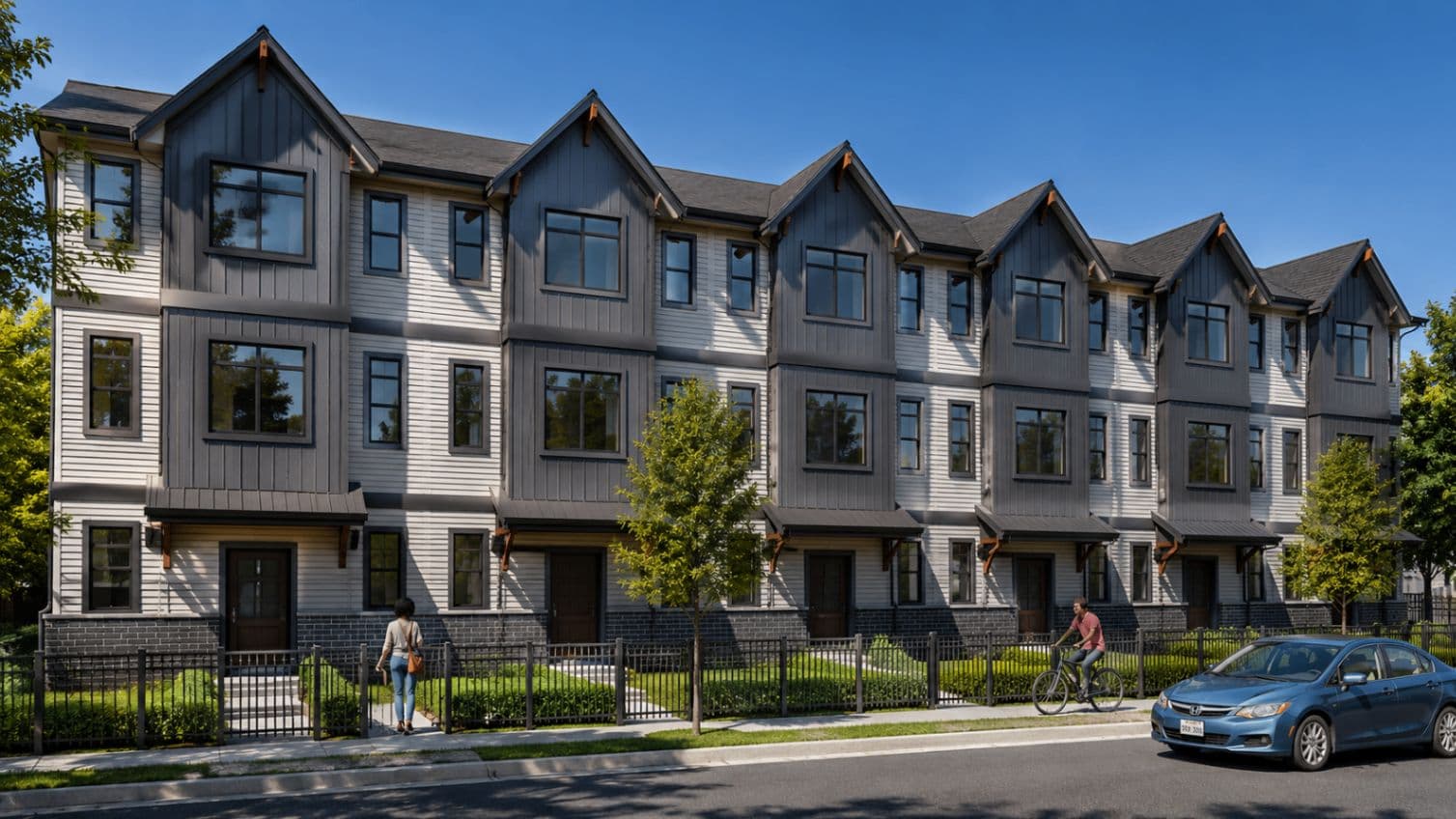 Cedar Village – Daytime street-level rendering of a row of three-story gabled townhomes with individual fenced front yards.