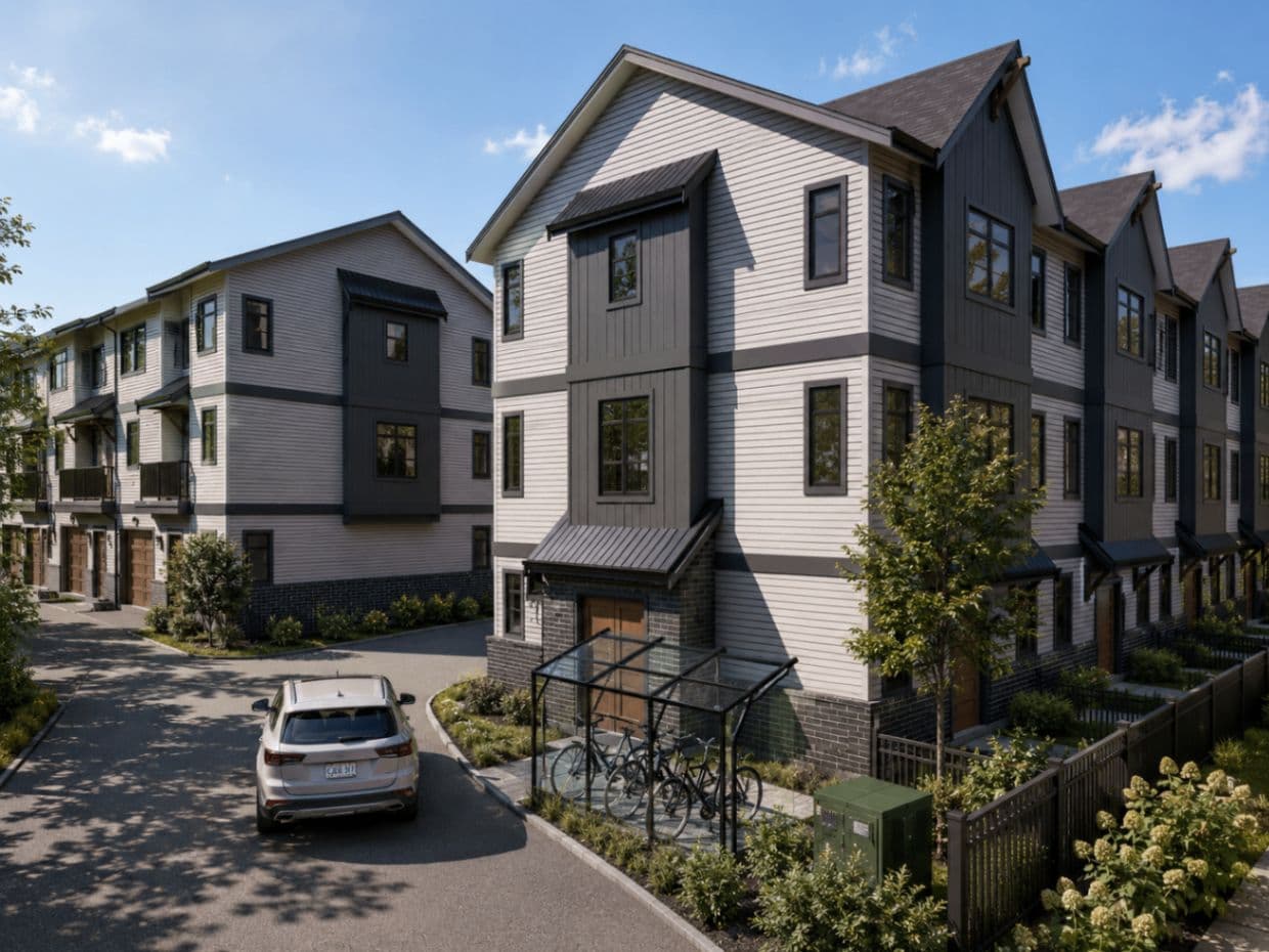 Cedar Village – Rendering of the townhome complex's rear laneway with garage-side units and a covered bike rack.