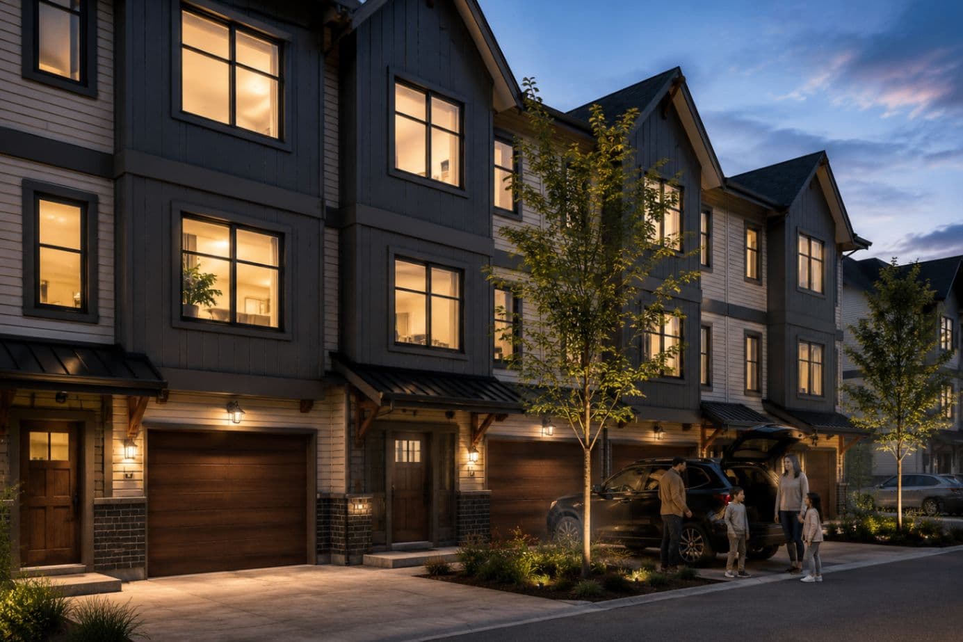 Cedar Village – Evening rendering of townhome garages and front doors with a family unloading their car in the driveway.