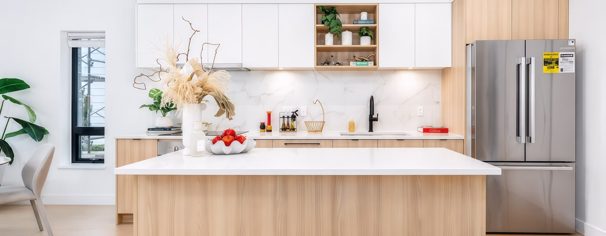 8899 Spires – A modern, sunlit kitchen featuring light wood lower cabinetry, sleek white upper cabinets, and a white waterfall island with a decorative bowl of apples and pampas grass vase. The back wall includes a white marble slab backsplash, integrated under-cabinet lighting, a matte black faucet, and a large stainless-steel French door refrigerator.