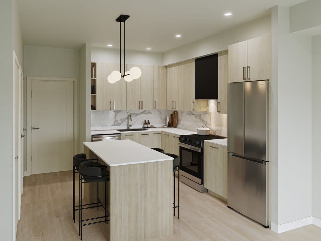 Interchange – Kitchen rendering with light wood cabinetry, marble backsplash, a black range hood, an island with black stools, and a stainless fridge.