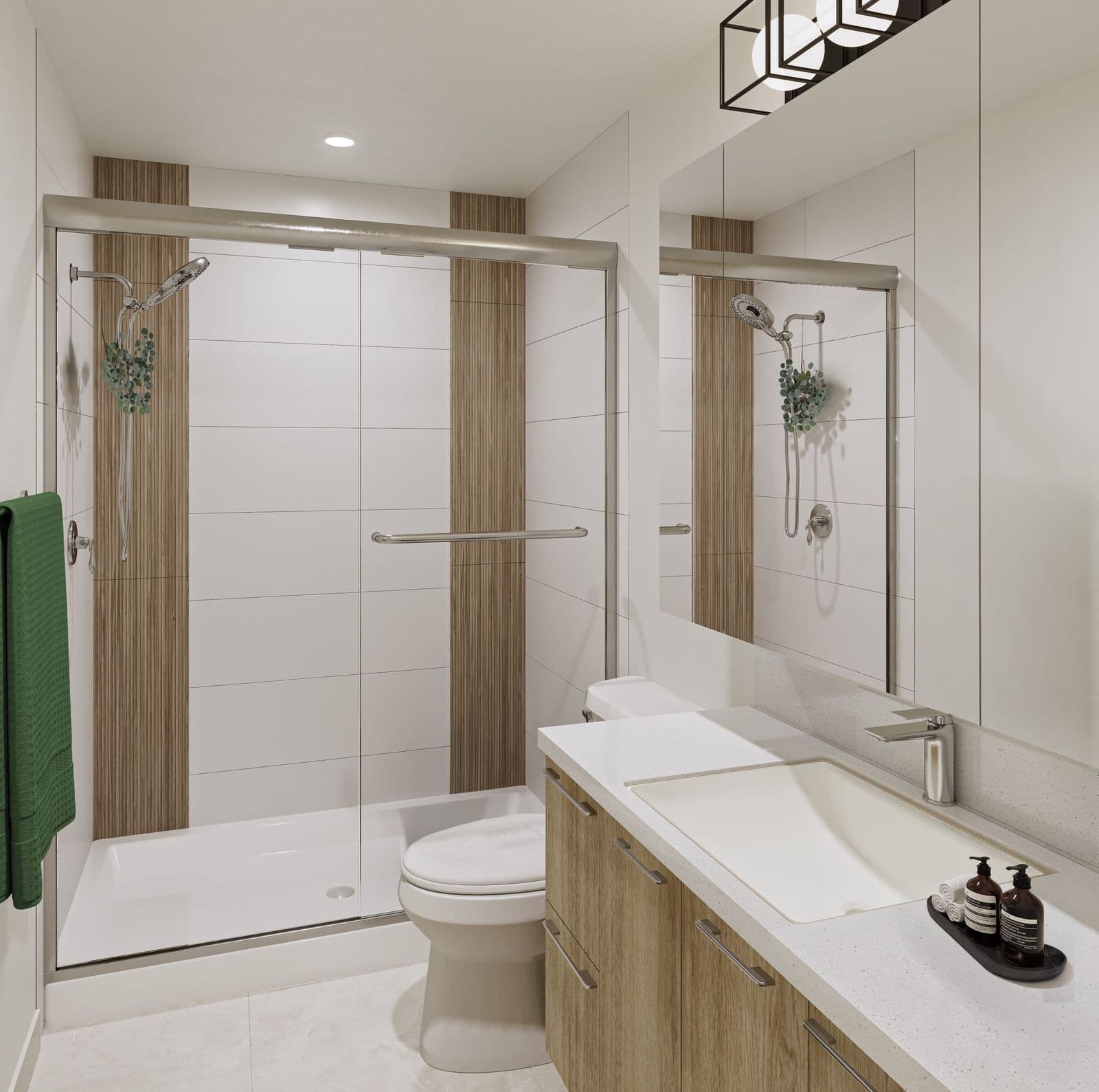 Interchange – Bathroom rendering with a glass shower featuring wood accent tile, a toilet, and a light wood double-drawer vanity with white counter.