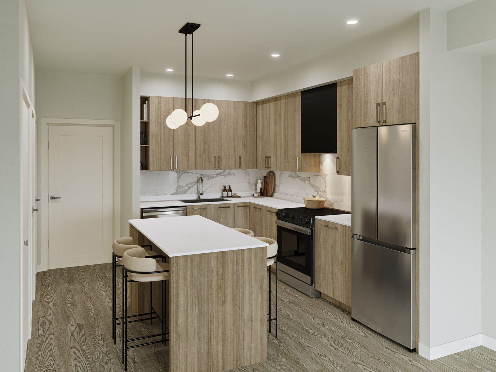 Interchange – Kitchen rendering, an alternate view with light wood cabinets, marble backsplash, an island with beige stools, and a stainless fridge.