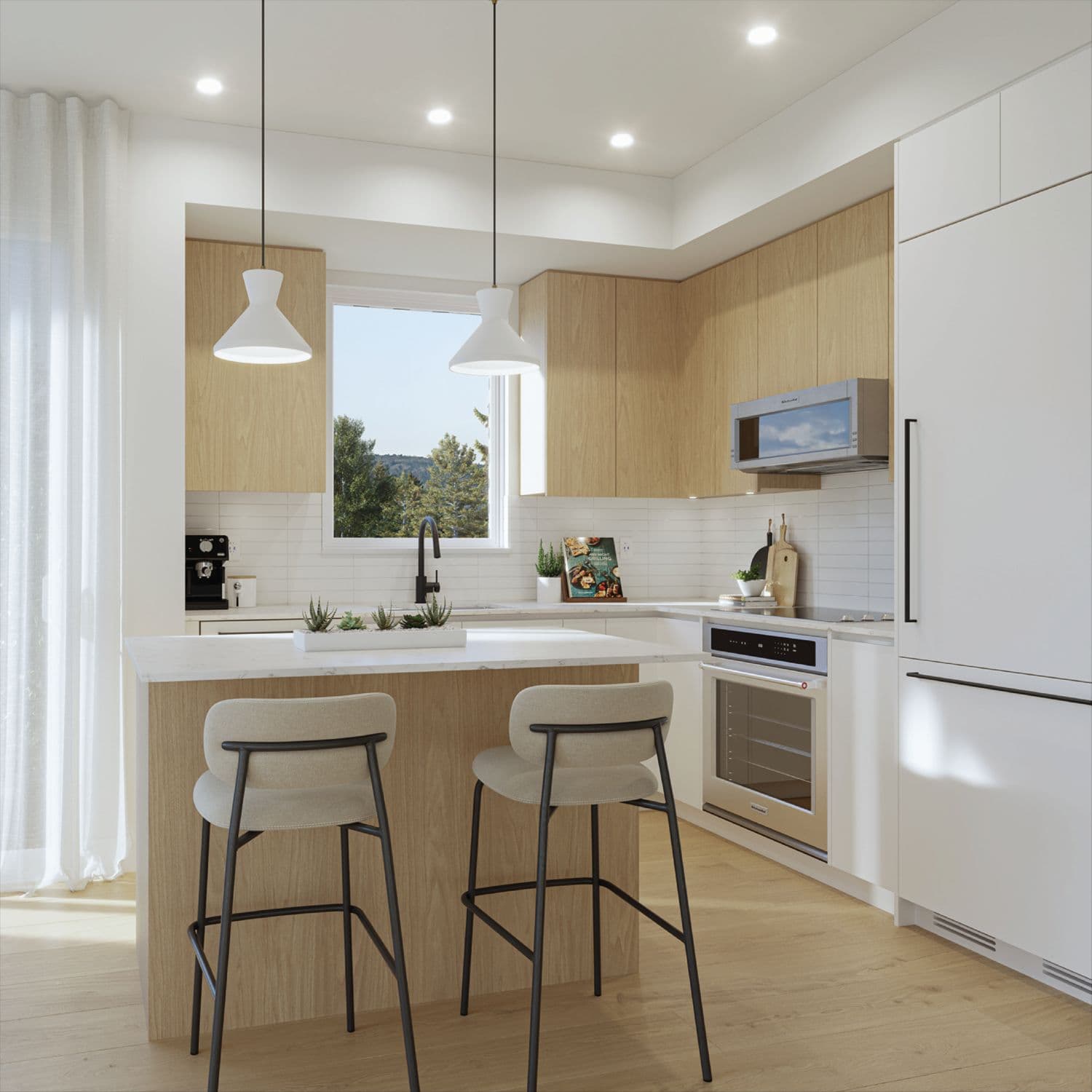 Arcadia Condos – White kitchen with wood island, pendant lighting, built-in microwave and oven, and a window looking out to trees and hills.