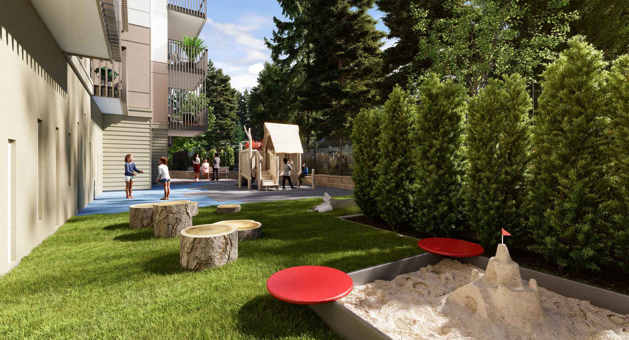 Arcadia Condos – Outdoor children's play courtyard with a wooden playhouse structure, tree stump stepping stools, and a sandbox with a sandcastle.