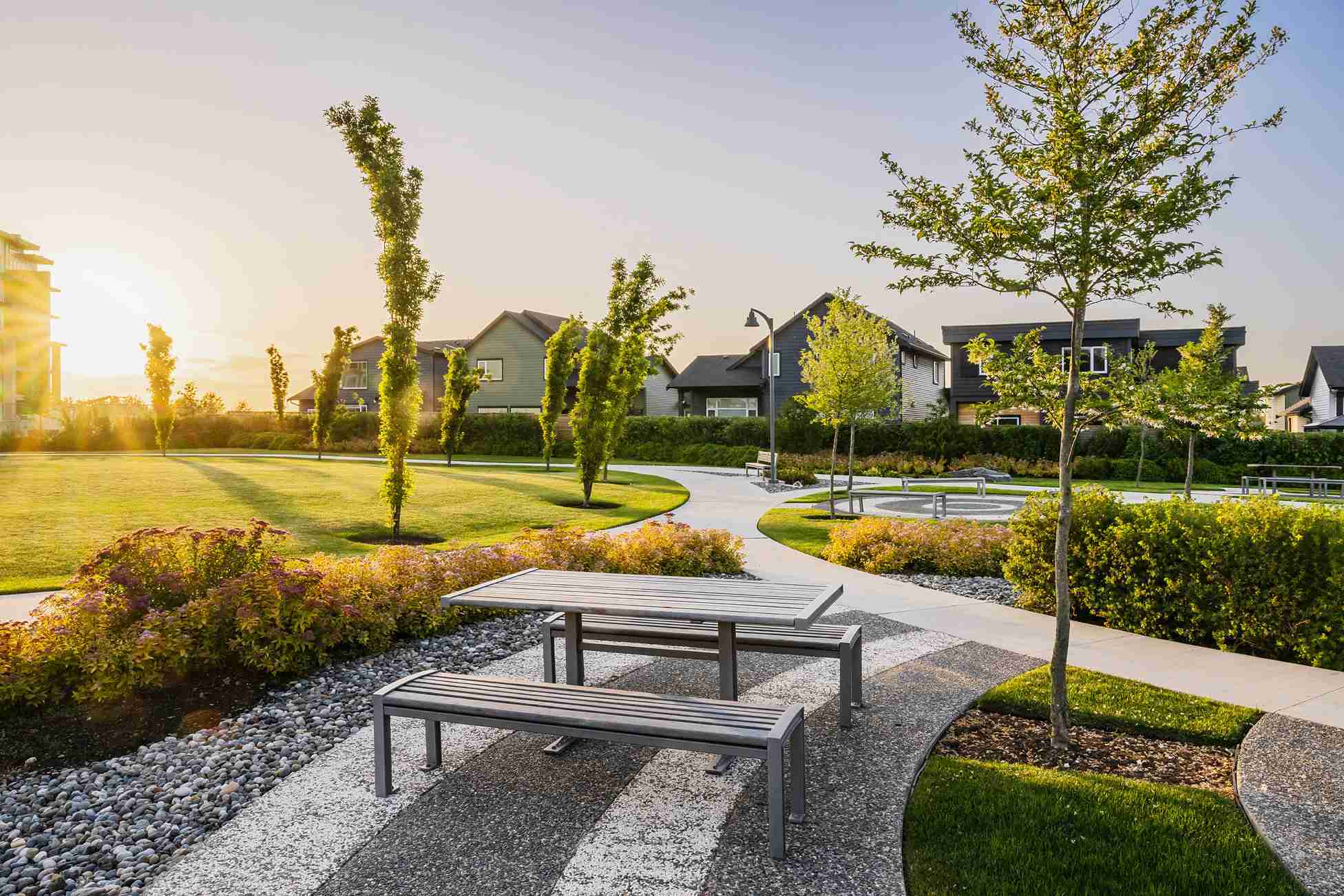 Boardwalk 6 – A sunlit outdoor community park featuring slatted picnic tables, curved concrete walking paths, and manicured green lawns framed by young trees and residential homes. Warm late afternoon sunlight bursts from the left edge of the frame, creating a bright and peaceful neighborhood atmosphere.