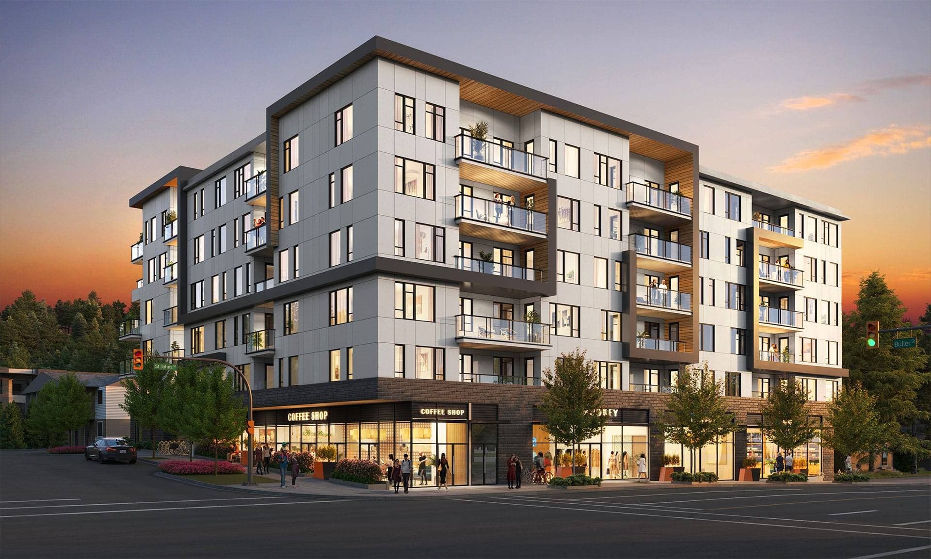 Chroma – Corner view at dusk of a six-story mixed-use condo building with white paneling and wood soffits, ground-floor Coffee Shop and Jorey retail signage, and pedestrians on the sidewalk.