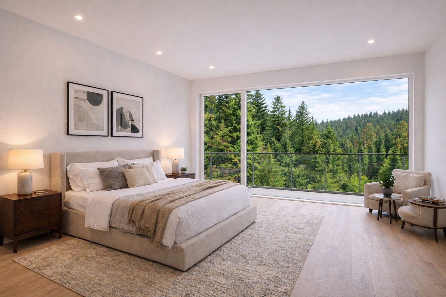 Aquila – A modern, sunlit bedroom featuring a king-size bed with neutral linens, wooden nightstands, and a cozy seating area in the corner. Large floor-to-ceiling glass sliding doors open to a balcony offering direct views of a dense green evergreen forest under a bright sky.