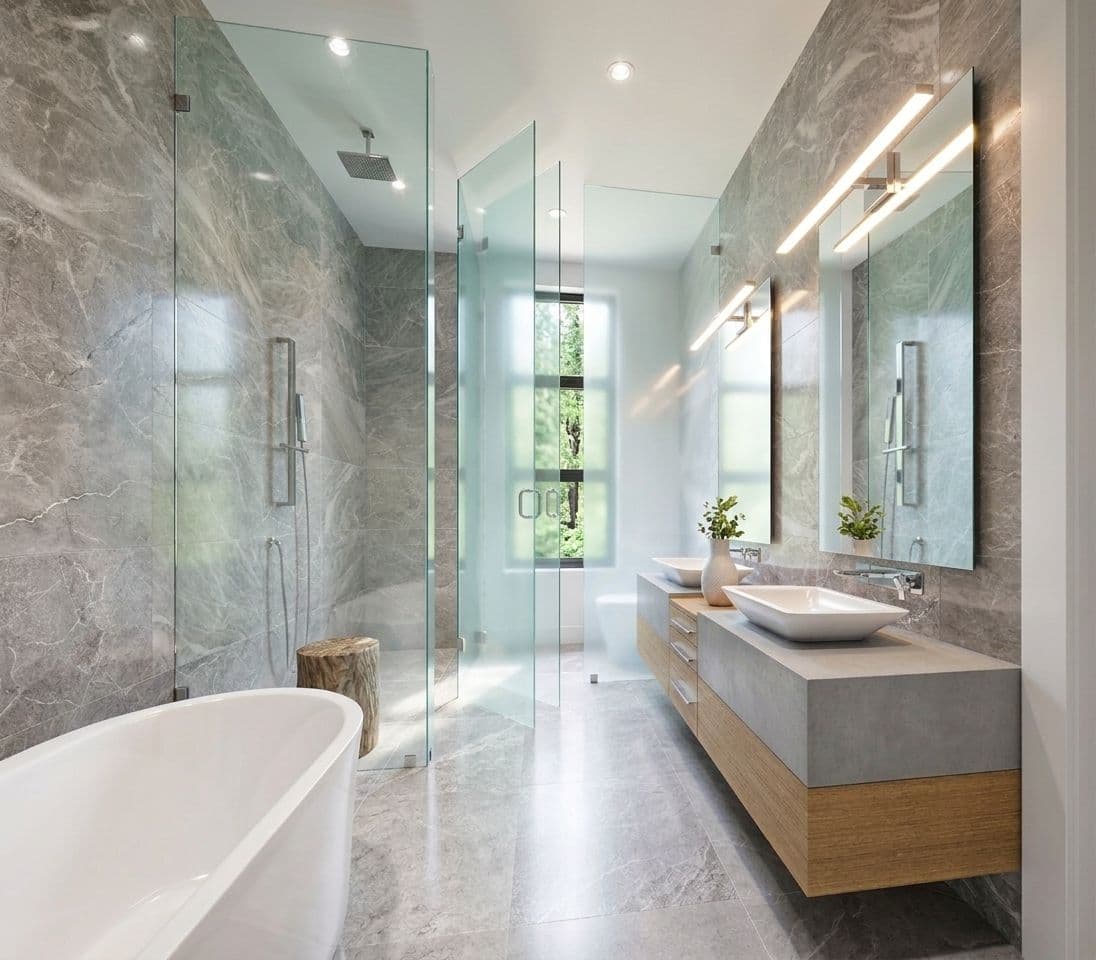 Aquila – A luxurious contemporary bathroom clad in grey veined marble tiles, featuring a freestanding white soaking tub, a frameless glass walk-in shower, and a floating wood dual-sink vanity. Modern linear light fixtures illuminate the mirrors, and a window at the far end offers a view of green foliage outside.