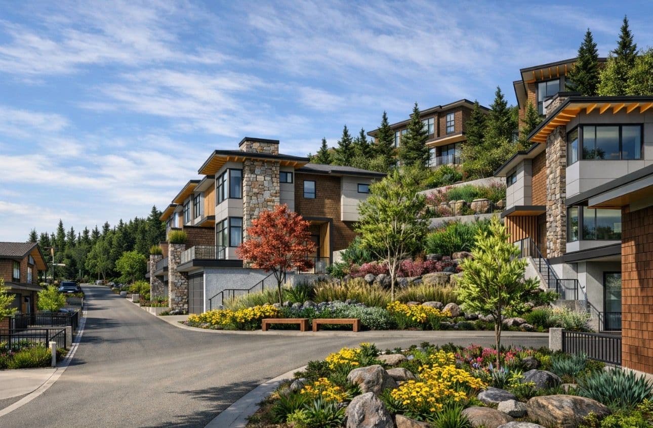 Aquila – A ground-level view of modern multi-story townhomes built into a hillside along a paved residential street. The architecture features wood siding, stone accents, and large windows, surrounded by lush landscaping with yellow flowers, rockeries, and tall evergreen trees under a bright blue sky.