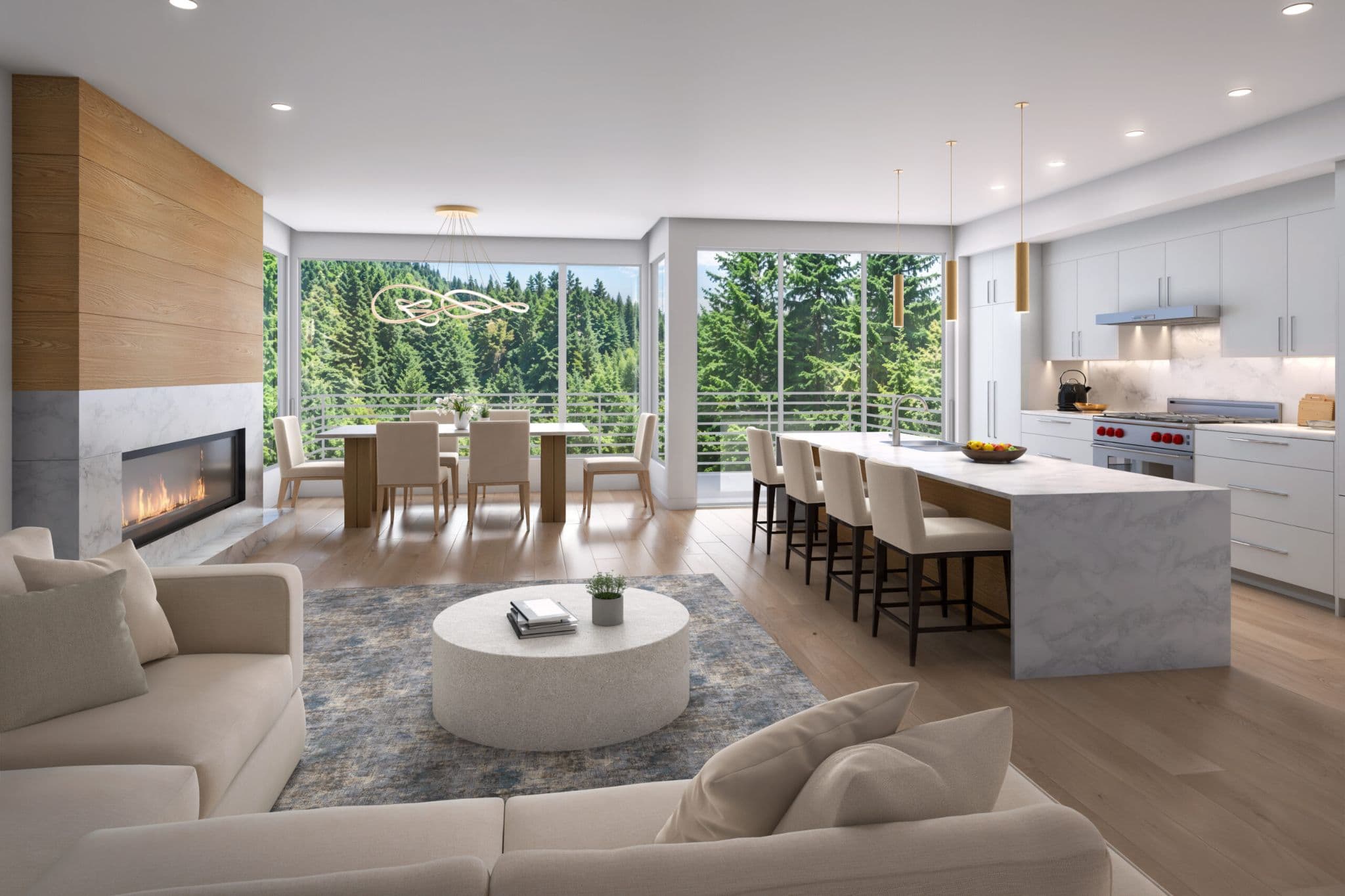 Aquila – A bright, open-concept luxury living space featuring a living area with a fireplace, a dining table, and a modern kitchen with a large marble island. Floor-to-ceiling windows frame a lush, green pine forest view outside.