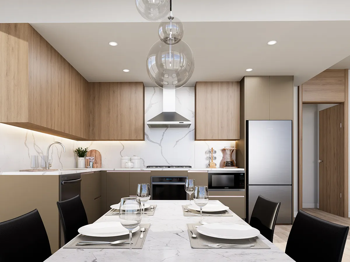 SkyLiving – A modern kitchen and dining area with wood-tone cabinetry, a marble backsplash, stainless steel appliances, and a marble dining table set for four.