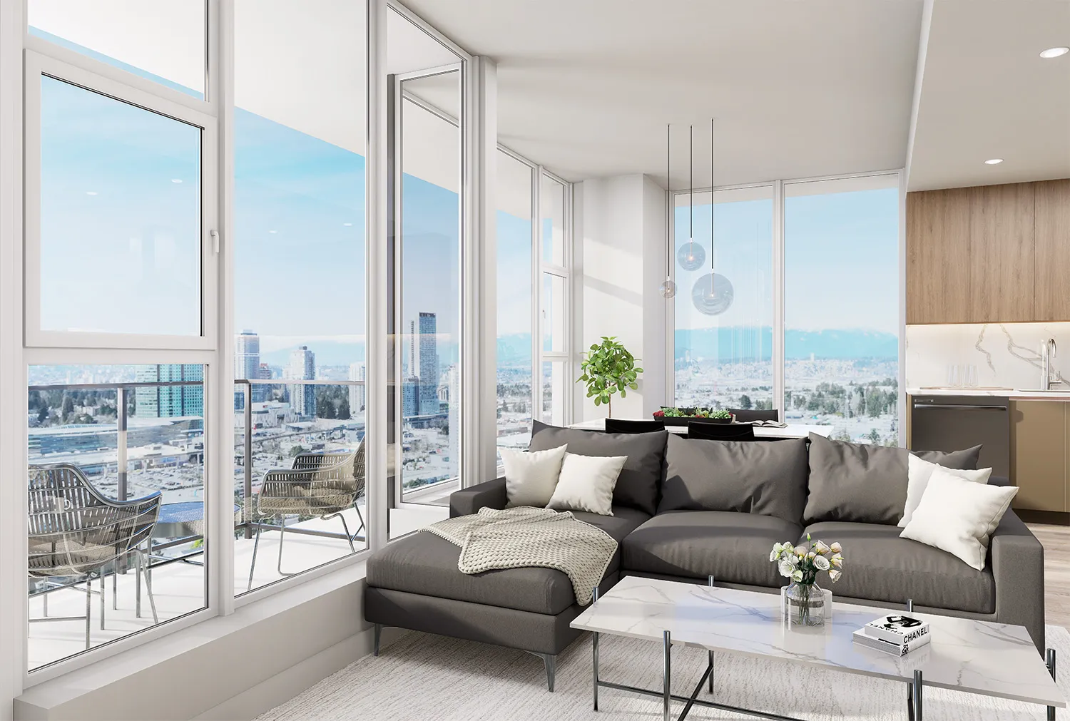 SkyLiving – A furnished living room with a large grey sectional sofa and marble coffee table, floor-to-ceiling windows showing a city and mountain skyline.