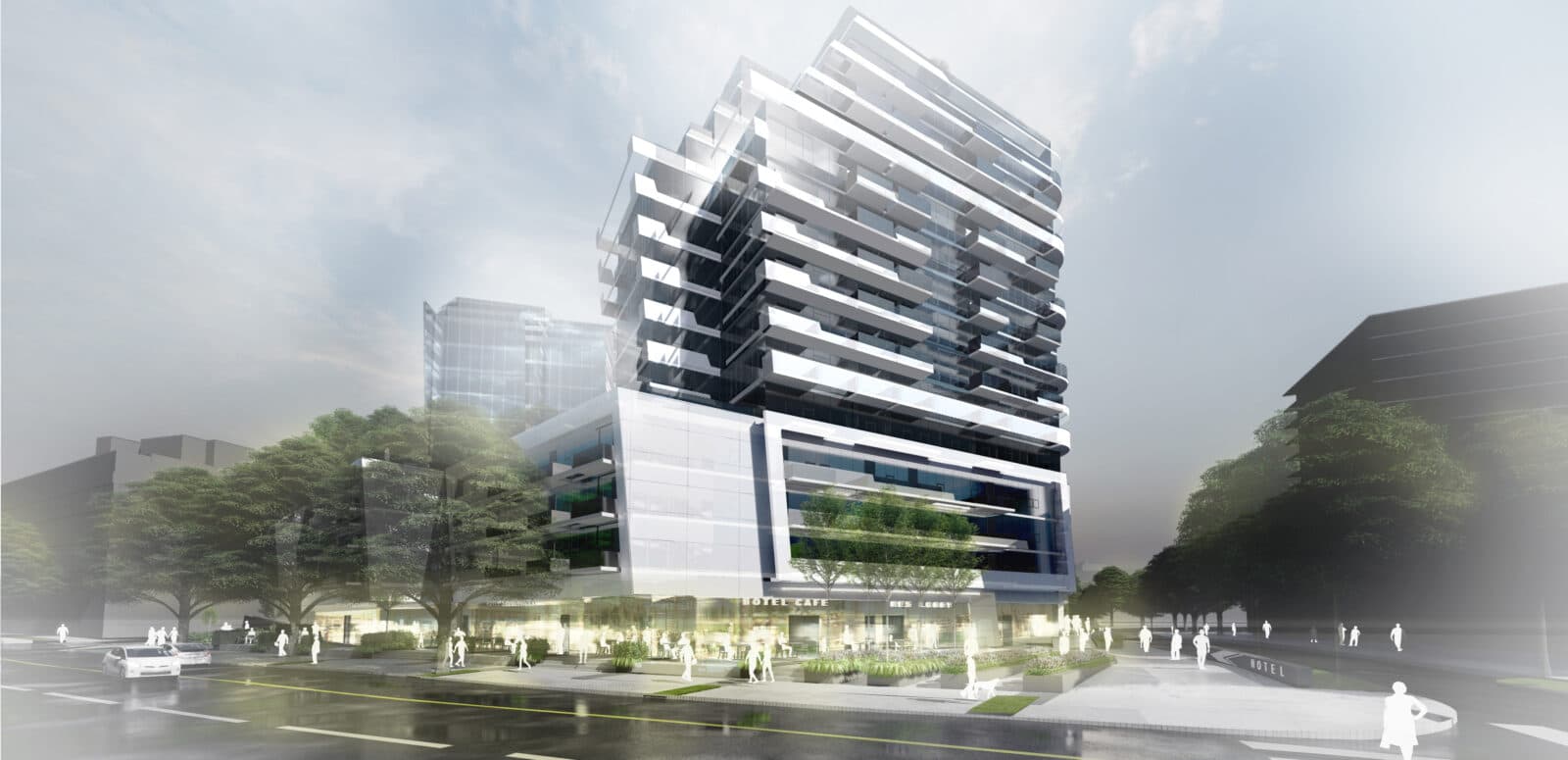 Oval – Rendering of a tall glass mixed-use tower with a stepped podium, ground-floor hotel cafe and lobby, and pedestrians on a plaza at street level.