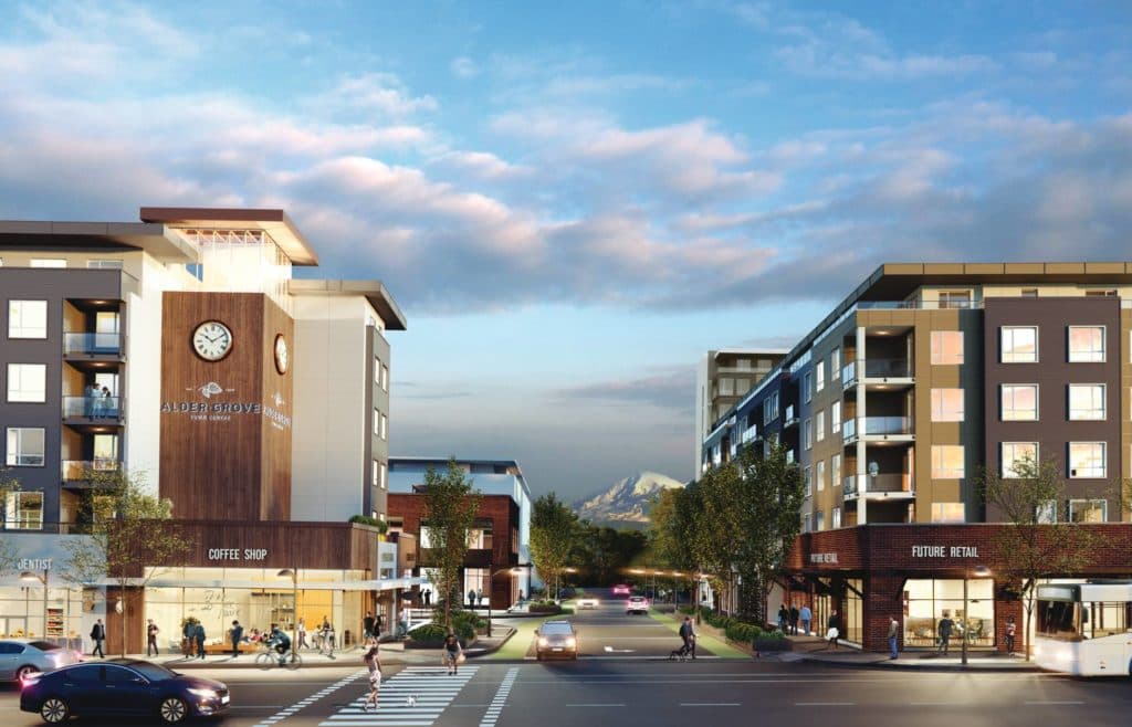 Aldergrove Town Centre – Rendering of the same town centre building at dusk viewed down the street, with a mountain in the distance and cars and pedestrians crossing.