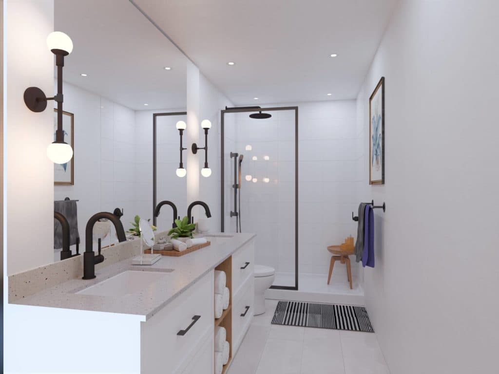 Aldergrove Town Centre – Rendering of a bathroom with a double vanity, black fixtures, and a glass-enclosed walk-in shower.