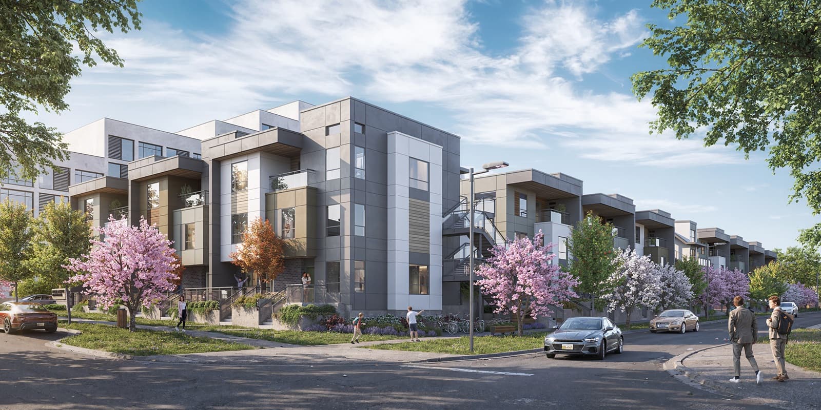 Soul – Rendering of a row of modern townhomes with mixed cladding, blossoming trees, and pedestrians on the sidewalk under a blue sky.