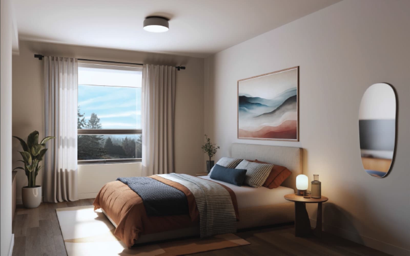 Soul – Bedroom with a warm-toned bed featuring orange and blue bedding, a mountain-themed art print, and a window overlooking trees and hills.