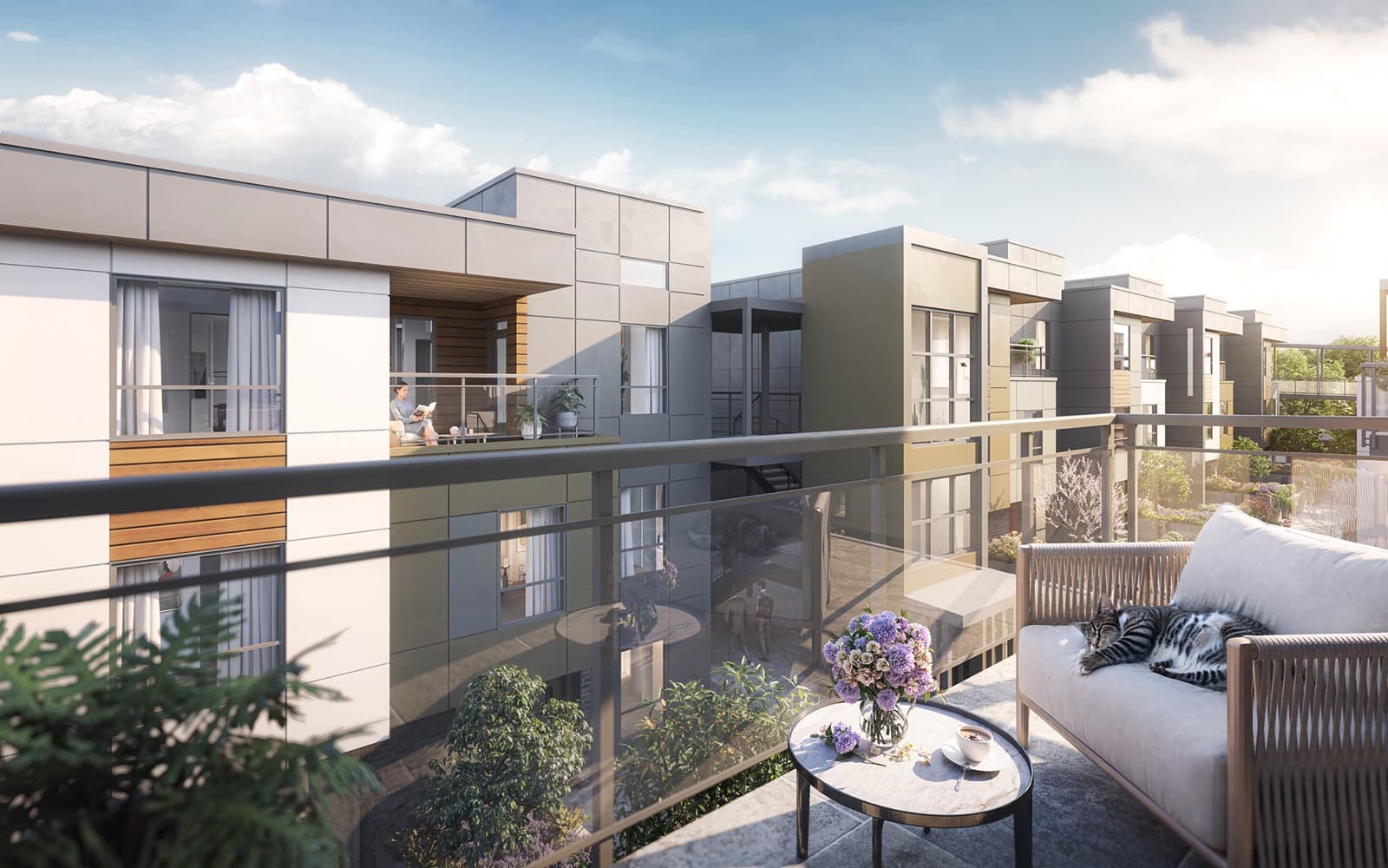 Soul – Rendering of a private rooftop balcony lounge with a sofa, a cat resting on a cushion, a small table with flowers, and views of neighboring building terraces.