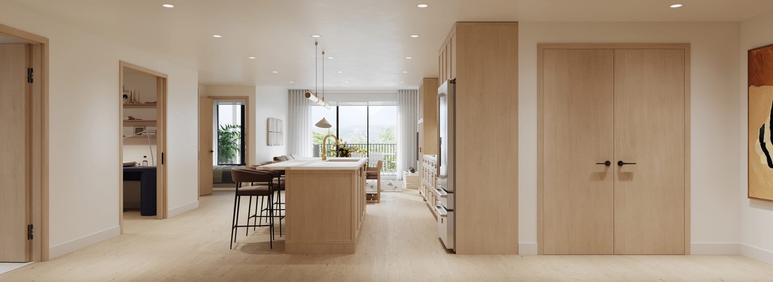 Siena – A wide panorama of a hallway leading past a kitchen island with bar stools, a built-in office nook, a stainless fridge, and wood double doors to another room.