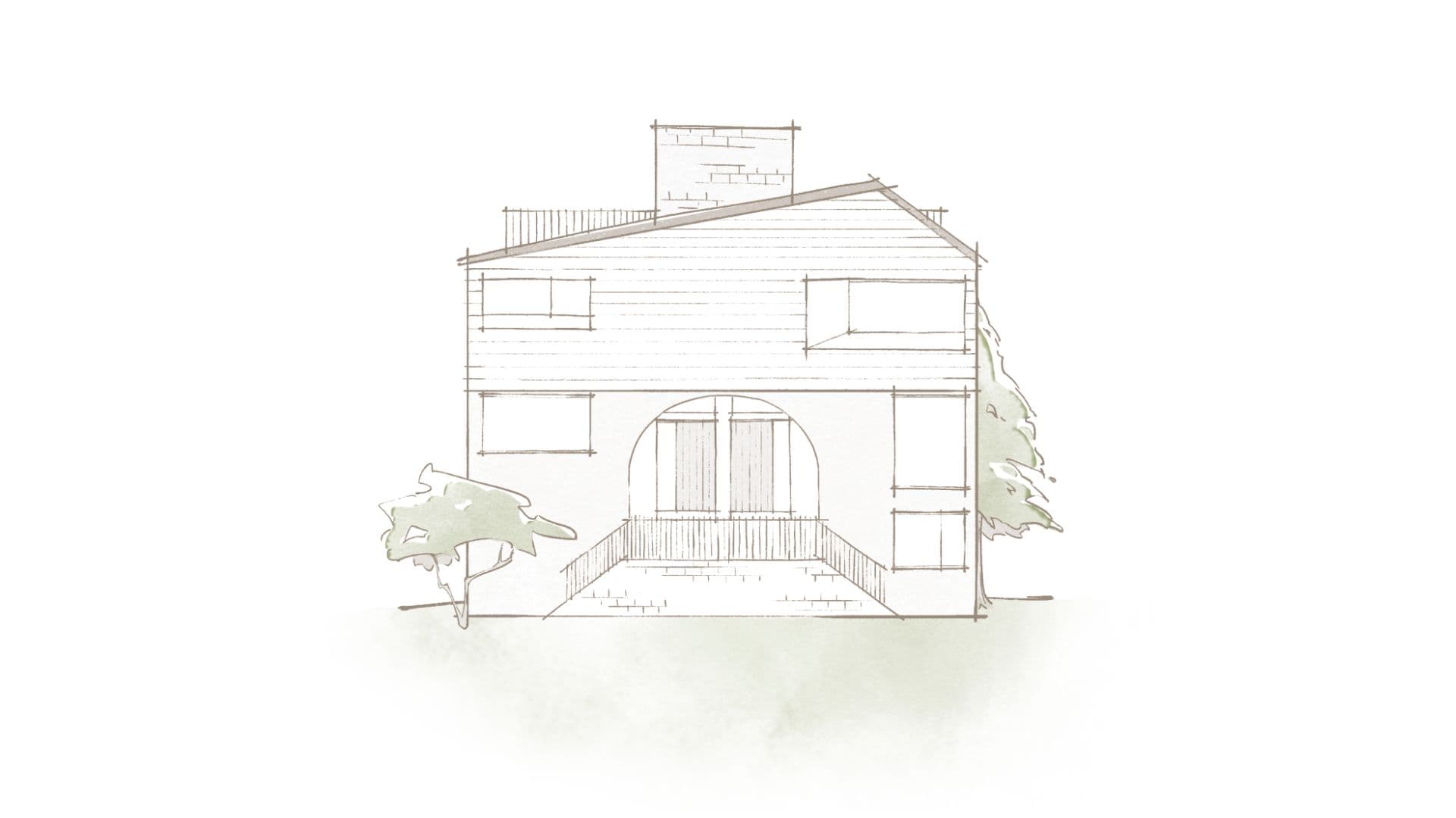 Garden E17 – An architectural sketch and watercolor illustration showing the front exterior elevation of a two-story home with an arched entryway, wide windows, and a chimney against a plain white background. Soft green watercolor accents hint at surrounding trees and a lawn in front of the house.