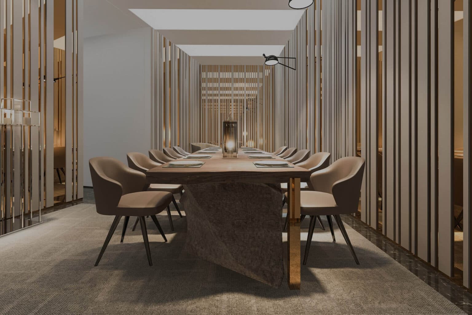 Water Tower Hill – A sophisticated private dining or meeting room featuring a long live-edge wooden table paired with sculpted beige leather chairs on a carpeted floor. Vertical timber slats line the walls under soft overhead lighting, creating an intimate, upscale atmosphere.