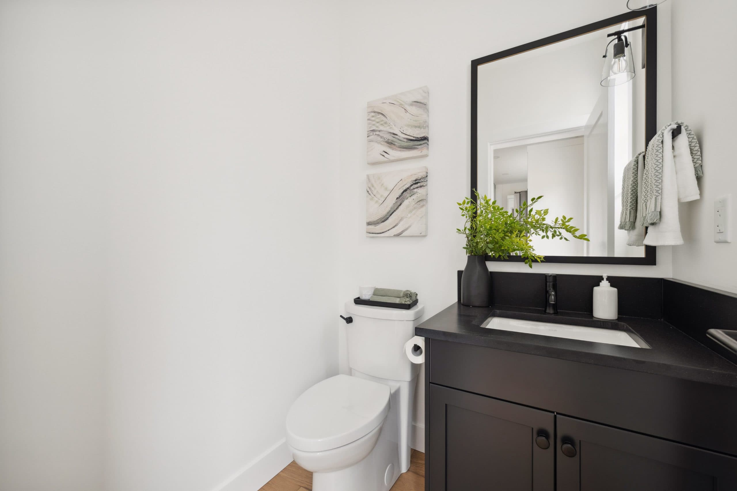 Water Tower Hill – A clean, modern powder room with a black vanity cabinet, black countertop, and an undermount sink paired with a matte black faucet. A white toilet sits adjacent to the vanity beneath crisp white walls decorated with two abstract framed canvases and a black-framed rectangular mirror.
