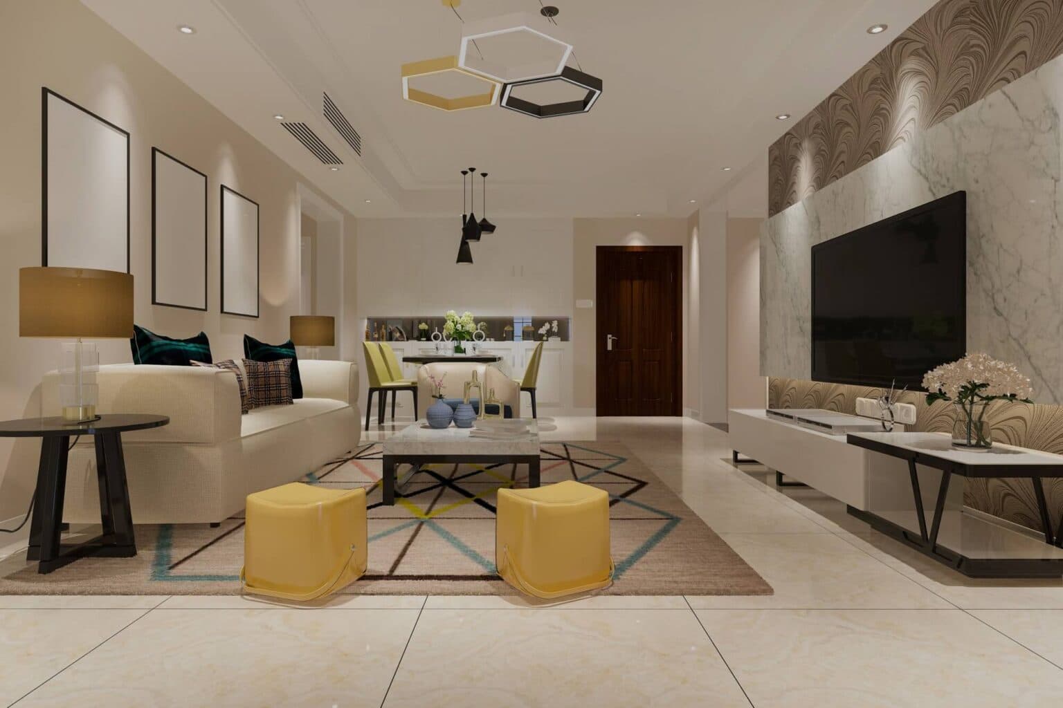 Water Tower Hill – A modern open-concept living and dining area featuring polished marble flooring, a cream-colored sofa with yellow ottoman stools, and a geometric-patterned area rug. The wall features a large television mounted on marble and patterned accent paneling, with a recessed dining set and kitchen cabinetry visible in the background under warm indoor lighting.