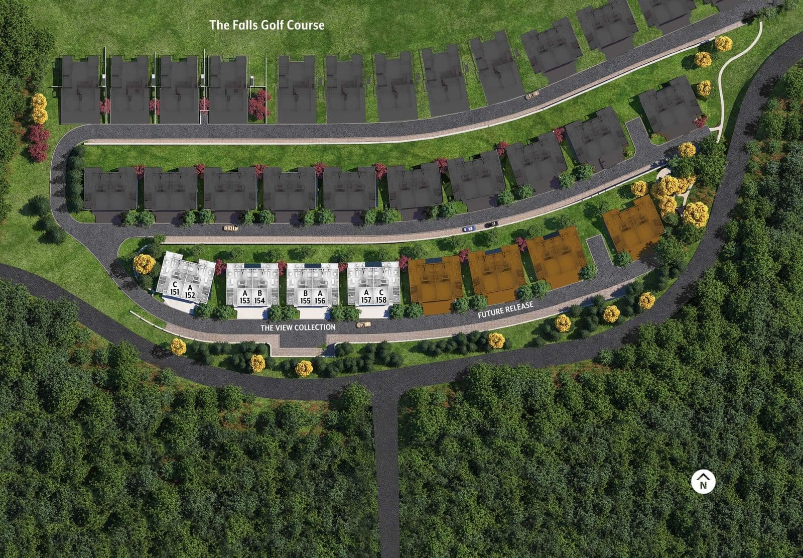 Vista Green at The Falls – Aerial site map of a townhome development along a golf course, labeling completed buildings in the View Collection and a Future Release phase.