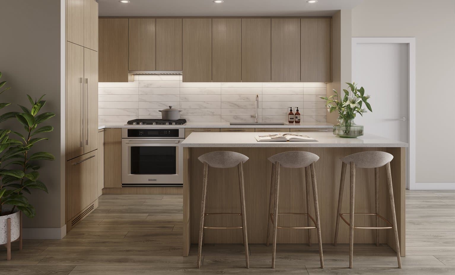 Lennox – Kitchen with light wood cabinets, marble backsplash, stainless range, and an island with three stools.