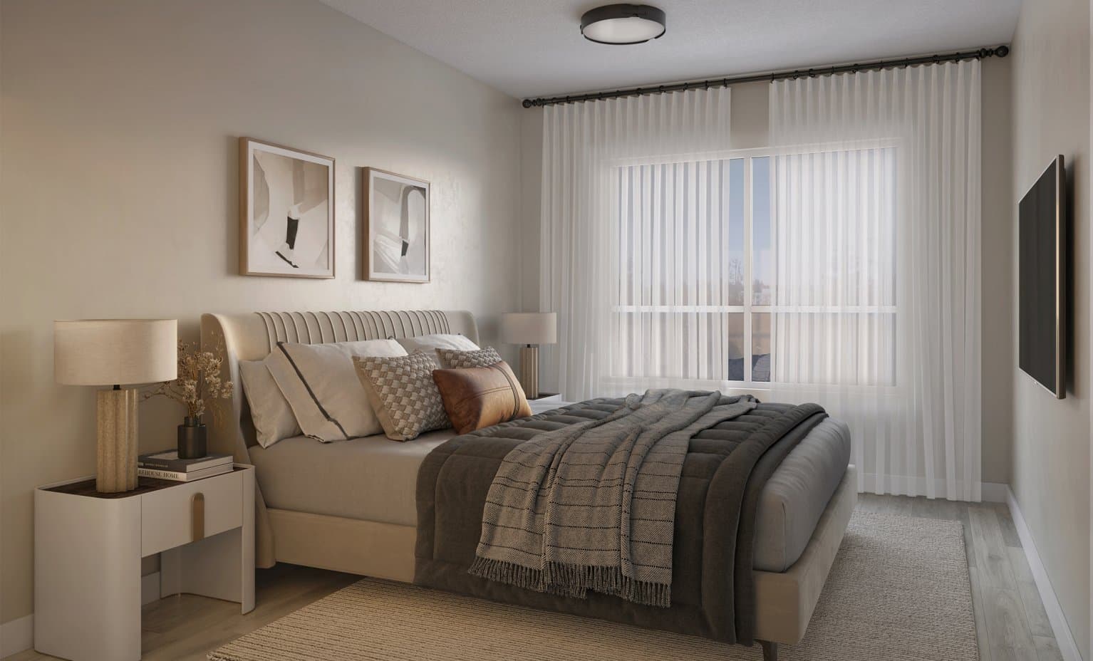 Lennox – Bedroom with an upholstered bed, sheer curtains over a window with a city view, and a wall-mounted TV.