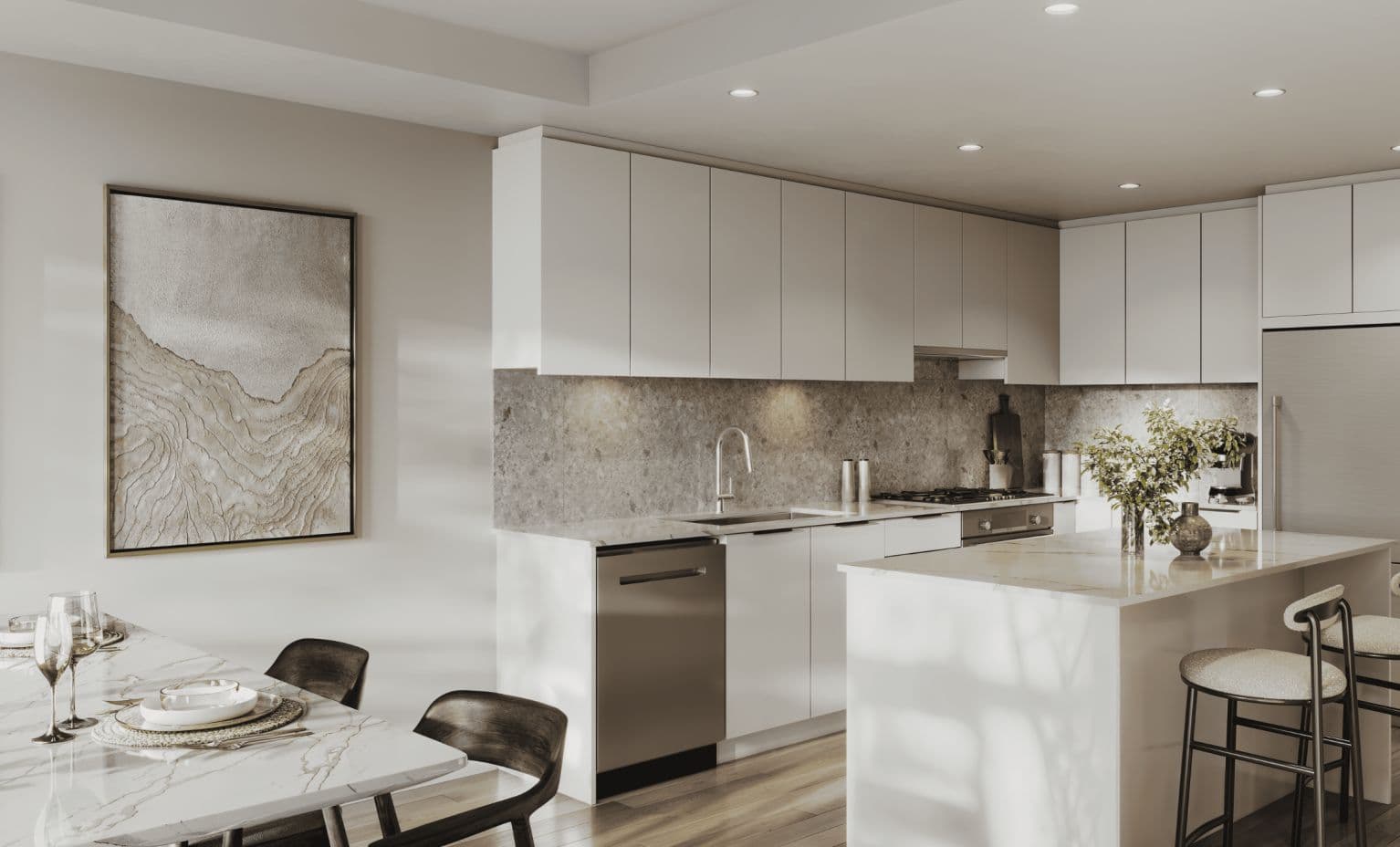 Stirling Block – Kitchen and dining rendering with white cabinetry, stone backsplash, stainless fridge, a marble island with barstools, and a marble dining table set with wine glasses.