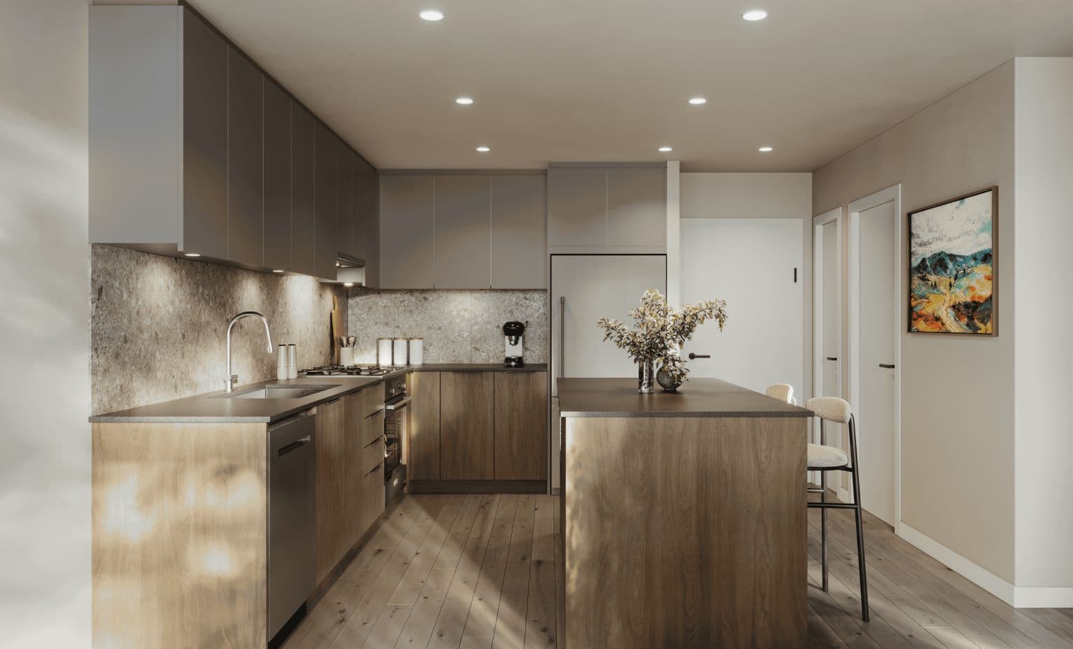 Stirling Block – Kitchen rendering with two-tone grey and wood cabinetry, stone backsplash, stainless appliances, a wood island with barstools, and a hallway with framed art in the background.