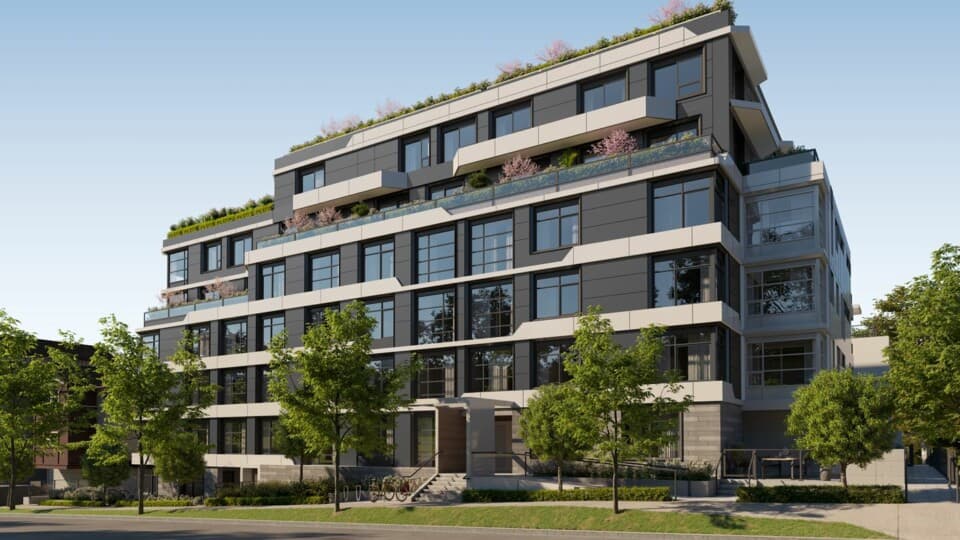 Clive at Collingwood Condos – Rendering of a modern mid-rise condo building with a rooftop garden, dark panel facade, and street-level landscaping.