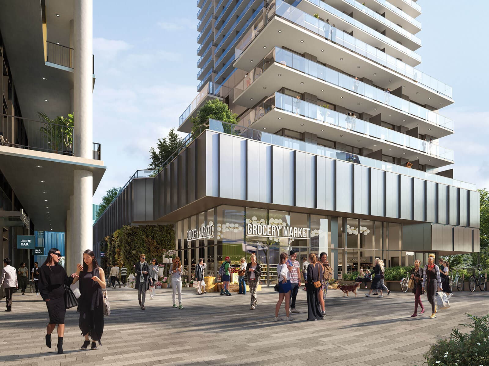 Brentwood Block – A ground-level streetscape rendering shows pedestrians walking along a paved plaza outside a modern residential tower with glass balconies. The base of the building features retail storefronts including a grocery market and juice bar under a bright, sunny sky.