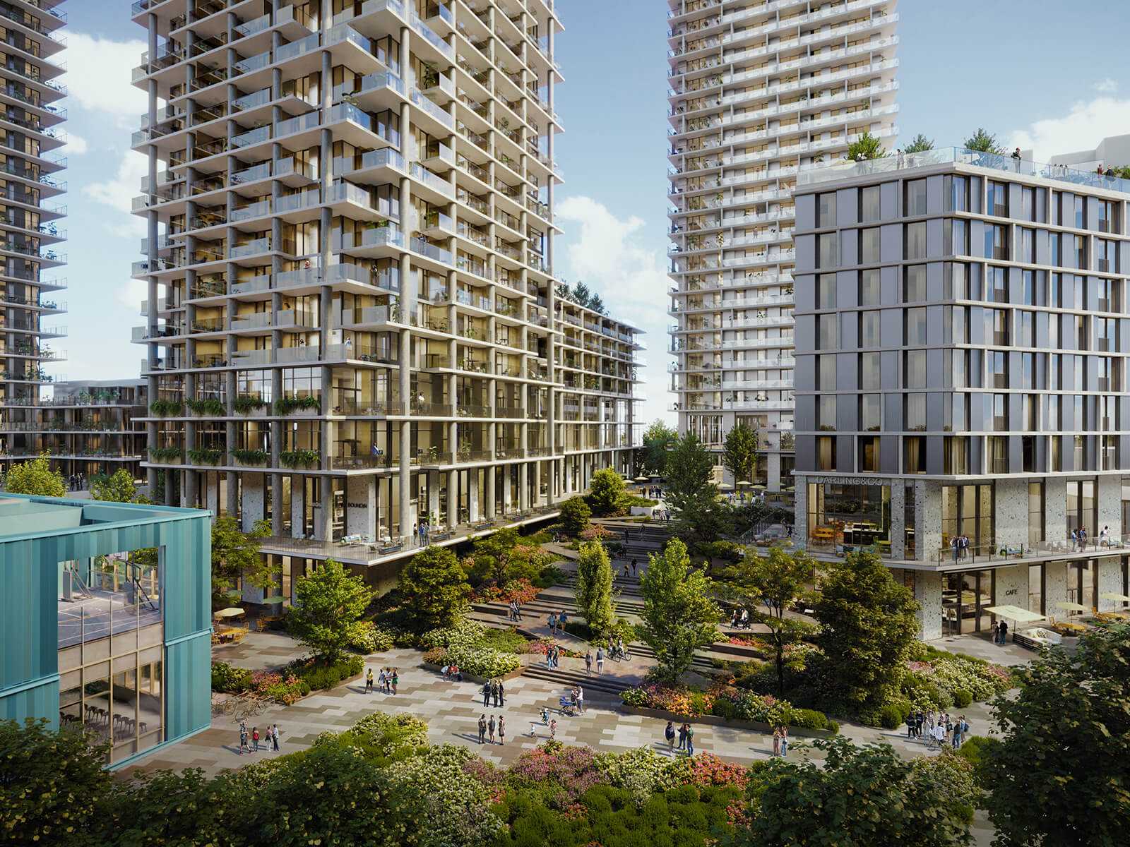 Brentwood Block – An elevated view of a bustling urban plaza and courtyard surrounded by modern high-rise residential towers and mid-rise buildings. Pedestrians walk along paved pathways filled with lush greenery, trees, and terraced gardens under a bright, clear daylight sky.
